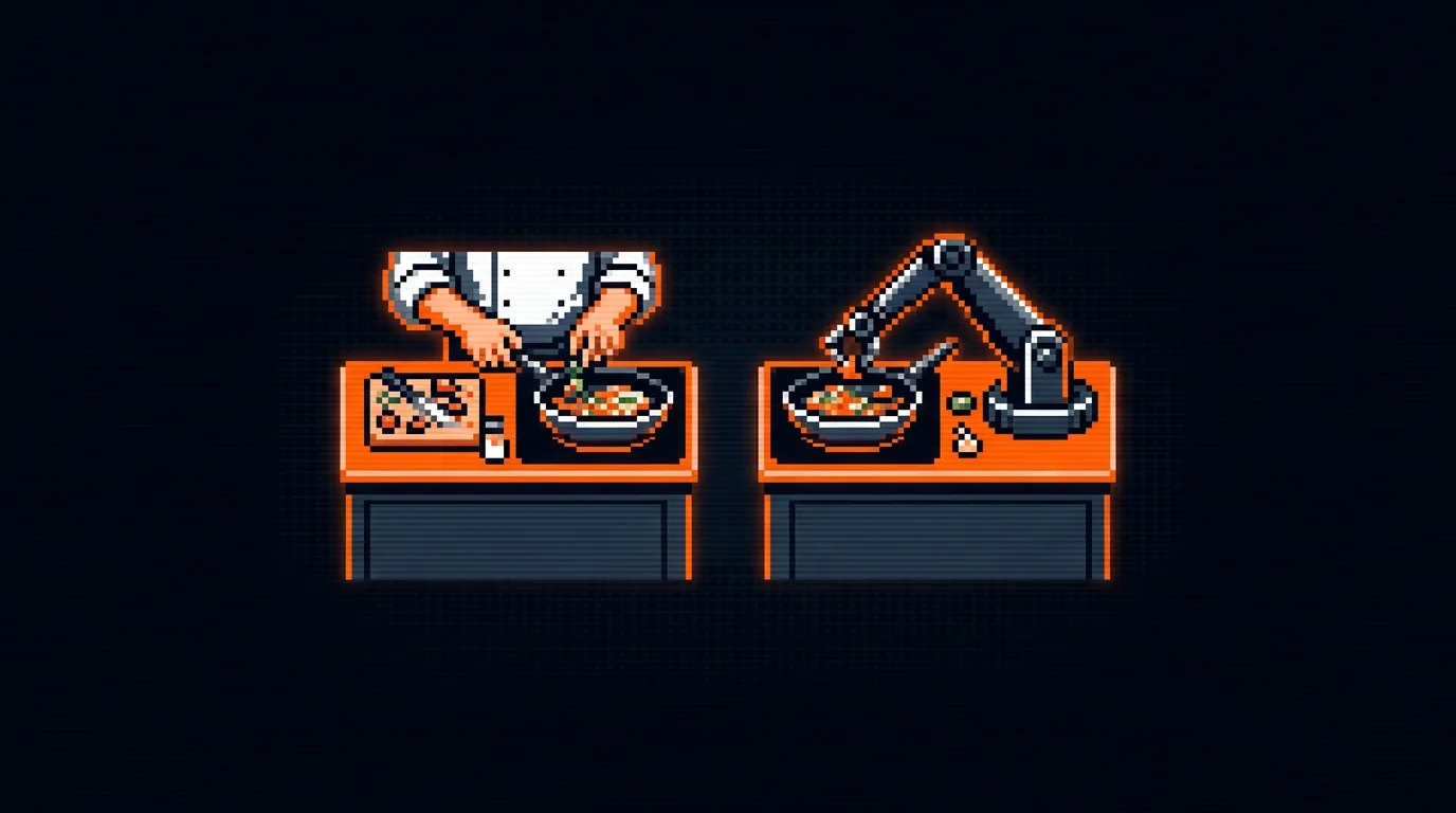 A chef cooking on the left while a robotic arm mirrors the same actions on a separate counter on the right, illustrating how copy trading replicates a lead trader's decisions