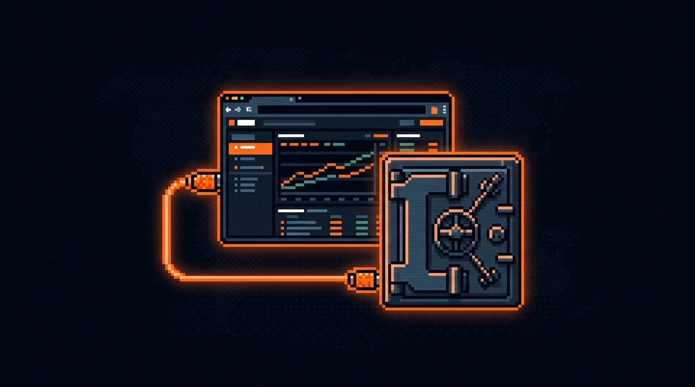 Illustration showing a charting platform screen connected to a secure broker vault, representing the separation between TradingView and a regulated broker