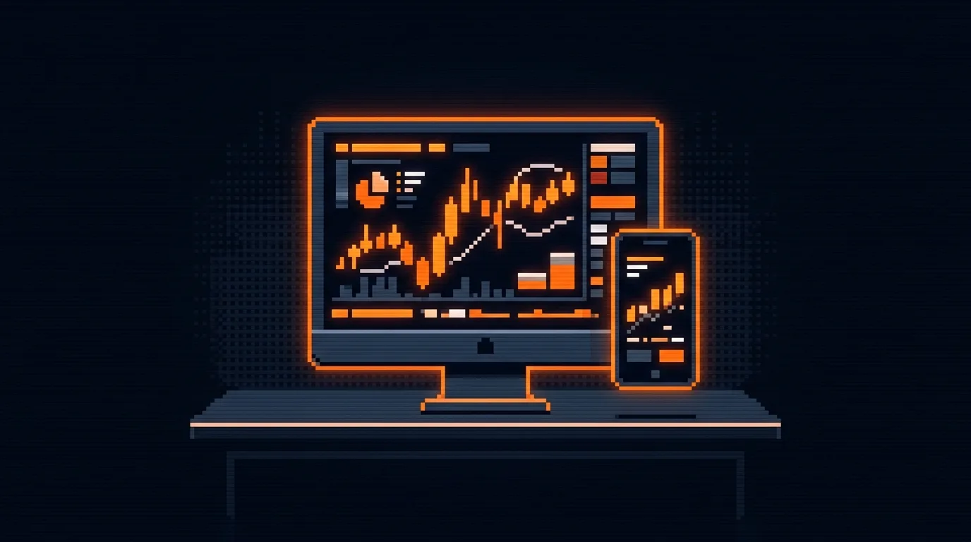 Desktop monitor and smartphone side by side both displaying matching candlestick chart interfaces, illustrating TradingView across devices