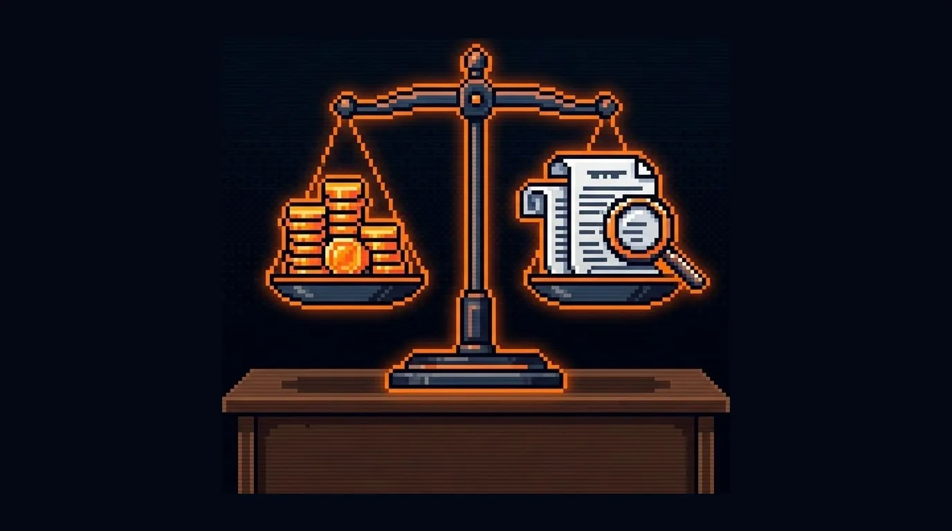 Balance scale weighing coins against documents and a magnifying glass, representing the true cost calculation for prop firm challenges